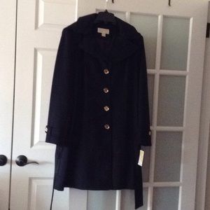 Michael Kors Navy Blue Belted Dress Coat With Hood